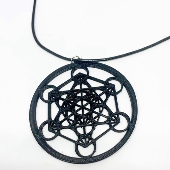 Handmade New 3D Printed Black Metatron Cube Sterling Silver Leather Necklace - Picture 3 of 15